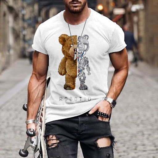 Title 5, Teddy Bear Fashion Collarless Black T-Shirt for...