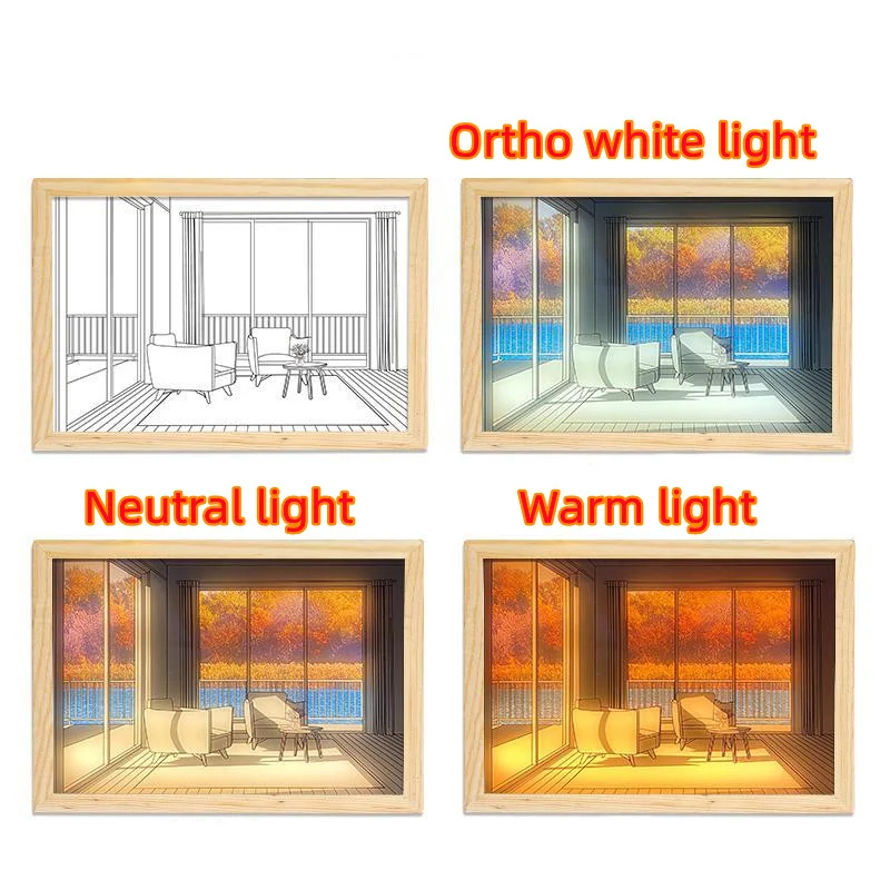 Quadro Decorativo LED Iluminado, Estilo Cama, Criativo Moderno, Simula Luz Solar, Desenho Noturno, Iluminação Ambiente Aconchegante.