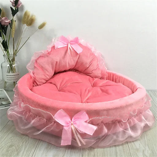 Hanpanda Fantasy Bow Lace Dog Bed Beds For Large Dogs Detachable Oval Pink Princess Pet Bed Basket For Dog Pet Wedding F