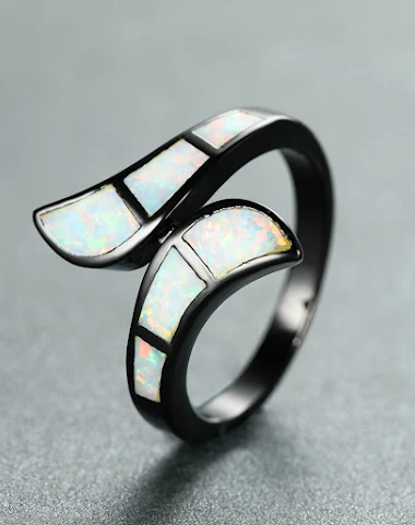 Black Gold Blue Arc Opal Ring, Euro - 2