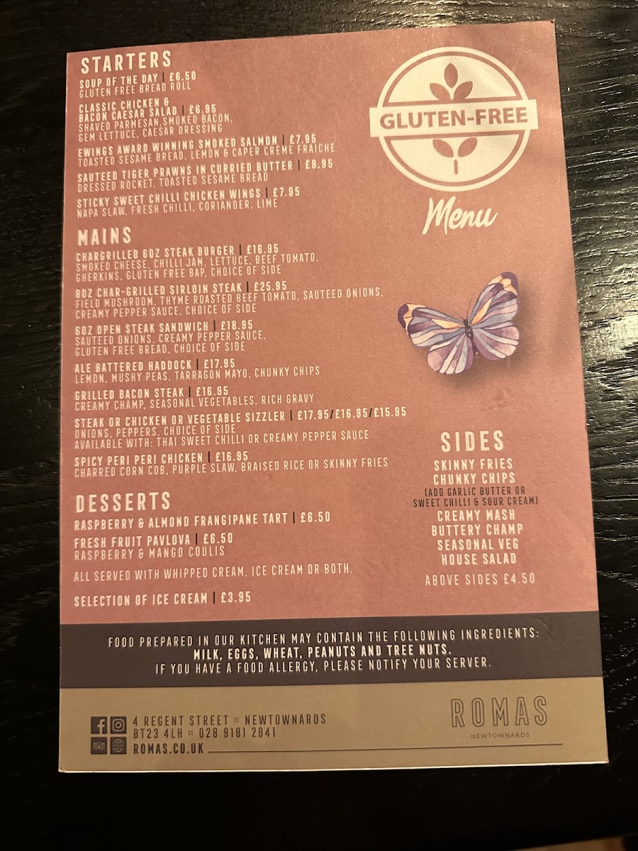 Romas gluten-free menu