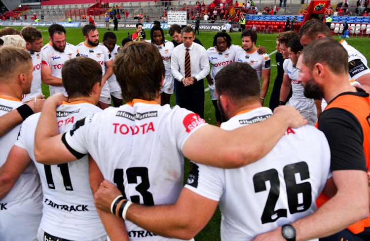 The Toyota Cheetahs director of rugby Franco Smith speaks to his players during the Guinness Pro14 match between Munster and Toyota Cheetahs at Thomond Park on September 01, 2018 in Munster, Ireland.