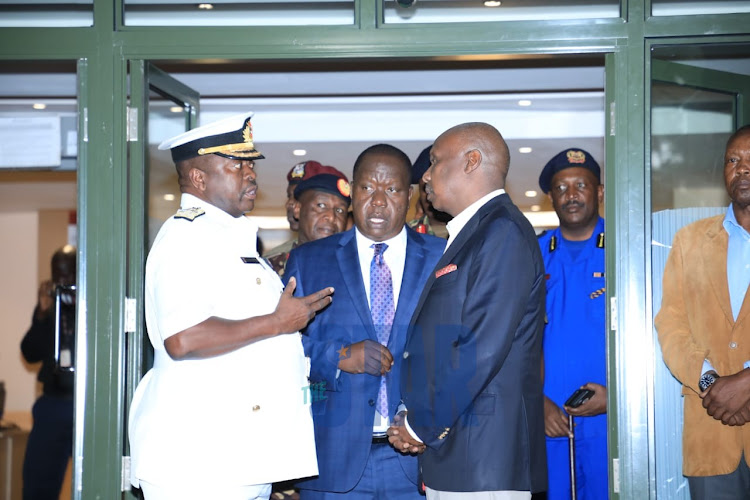 Interior CS Fred Matiang'i, chief of defense forced Samson Mwathethe and Baringo senator Gideon Moi at the Lee Funeral Home on January 4,, 2020./EZEKIEL AMING'A