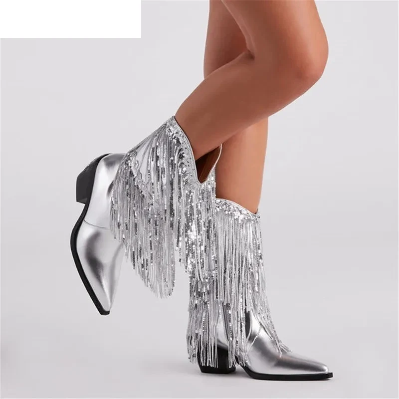 Title 2, Botas femininas com salto grosso e tassels, est...