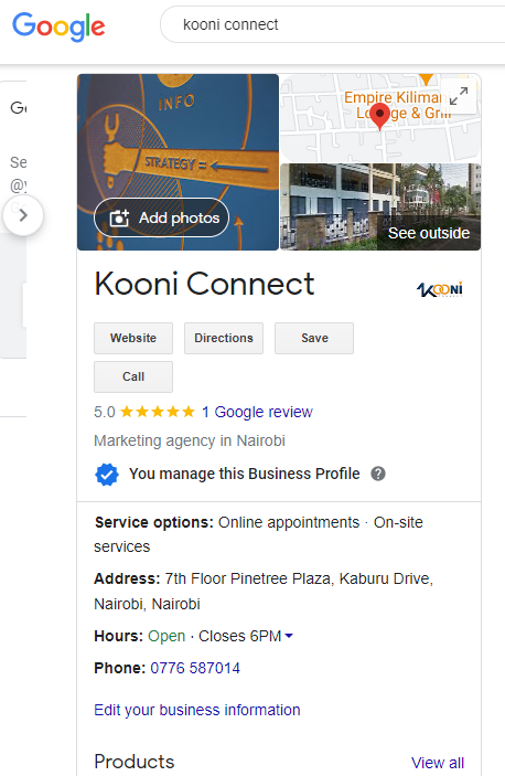 The Google Location card providing details about the geographical information of our business -- Kooni Connect.