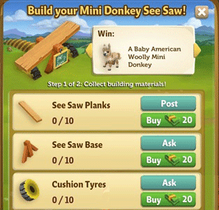 Farmville 2 mini donkey see saw building requirement