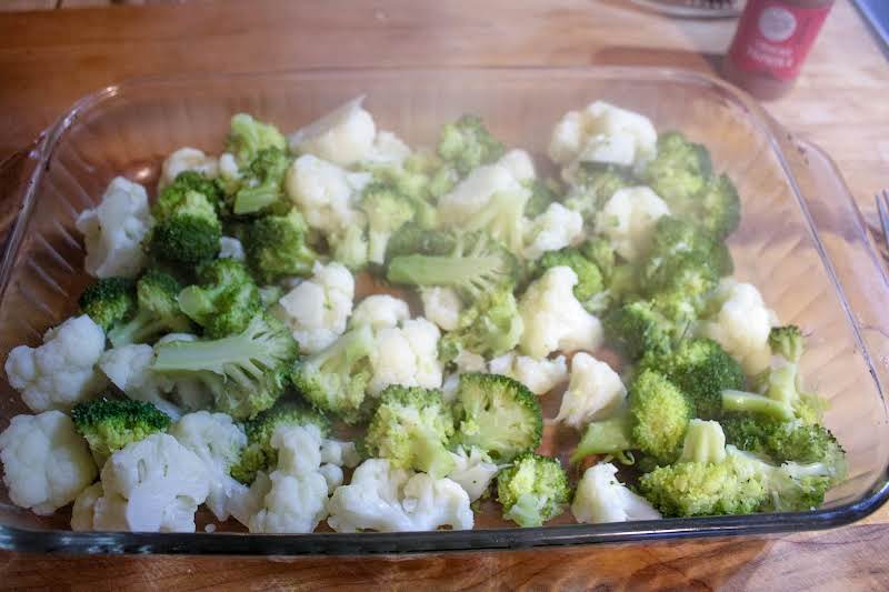 Blanched Cauliflower And Broccoli In A Baking Dish.