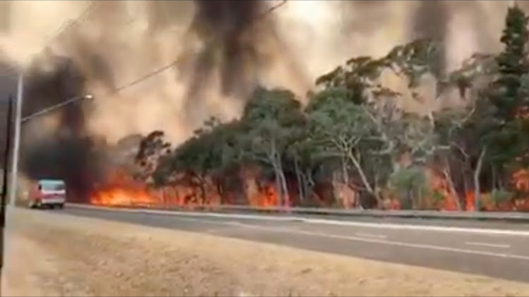 Flames engulf a row of trees at the side of a road on Gospers Mountain in New South Wales, Australia, on December 21 2019, in this still image taken from a social media video.