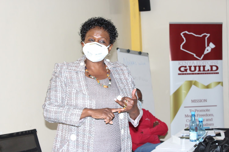 Murang'a county acting elections manager Faith Mugo addresses a journalists training forum organised by Kenya Editors Guild in Murang'a town on Friday.