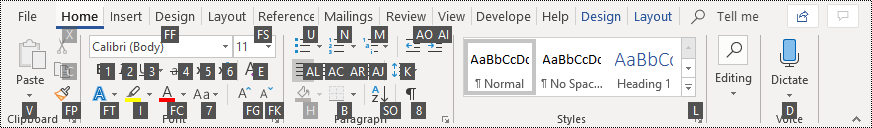 Key Tips in the ribbon in Word 365