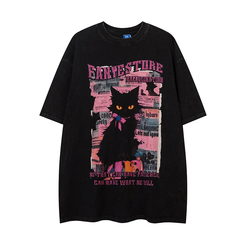 T-shirt homme ample à manches courtes avec imprimé chat de dessin animé, confortable et décontractée, idéale pour un look estival et quotidien.