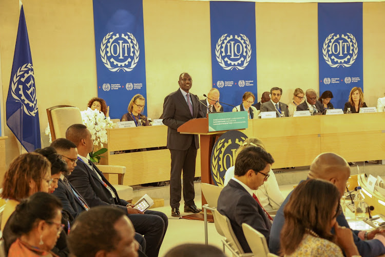 President William Ruto giving a key address at the International Labour Conference in Geneva, Switzerland on June 15, 2023.