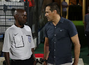 Platinum Stars head caoch Roger de Sa speak to the lines man during the Absa Premiership match against Maritzburg United at Harry Gwala Stadium on February 23, 2018 in Pietermaritzburg, South Africa.