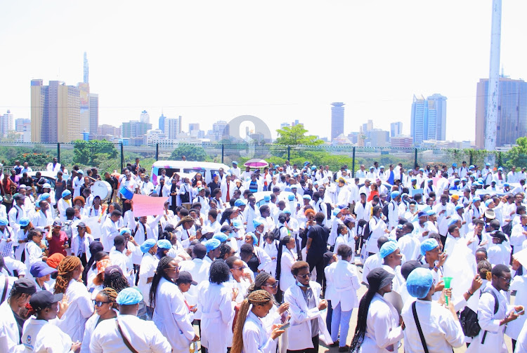 Doctors demonstrate on their way to Nairobi CBD to ask for the posting of intern doctors on March 22, 2024.