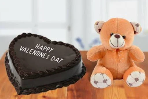 Chocolate Heart Shape Cake & 1 Teddy Bear Light Brown [500 Gram]