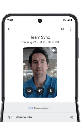 A horizontally-open Pixel Fold phone with an ongoing Google Meet conversation labelled 'Team Sync'. The person on the other end listens