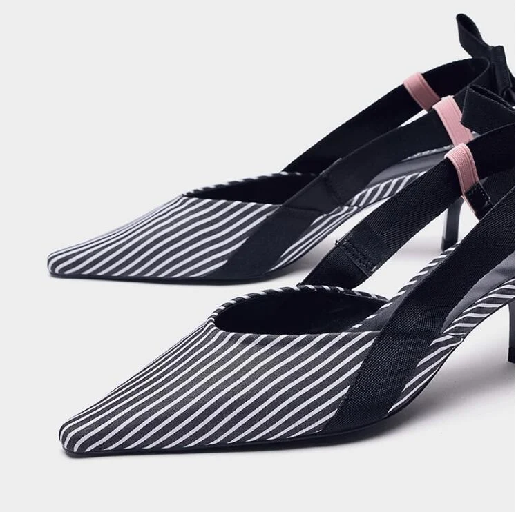 Mules femme Boussac Stripe Kitten Heel à bout pointu et nœud papillon, sandales d'été à talons hauts, slip on SWC0112.