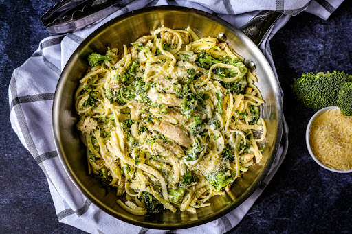 Chicken Fettuccini With Broccoli ready to serve.