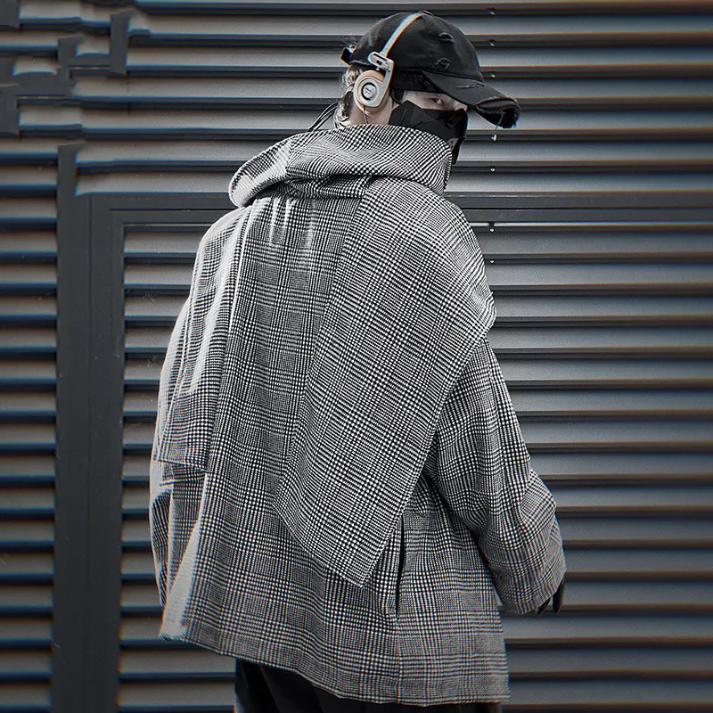Manteau en laine pour homme avec écharpe double épaule, coupe ample et décontractée. Haut tendance à motif pied-de-poule.