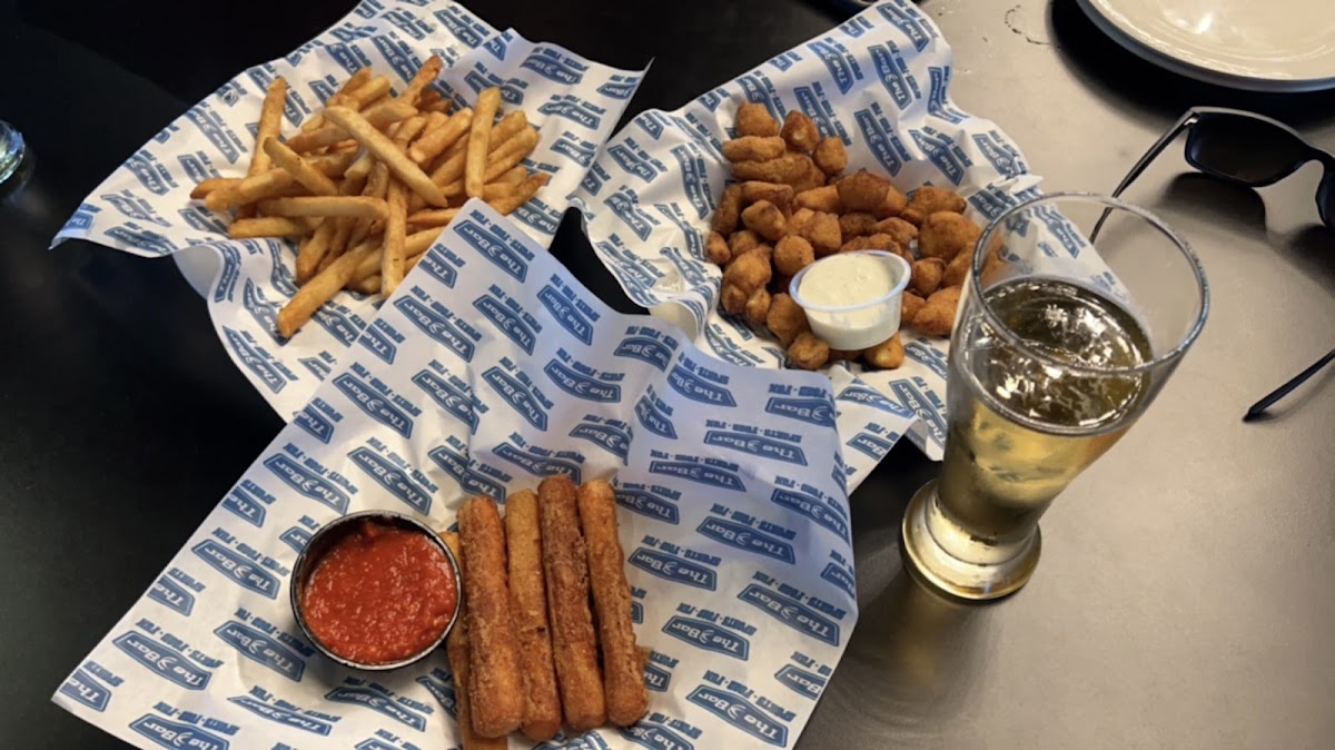 Mozz sticks, cheese curds and fries. She did let us know the curds were a little overcooked and could redo if wanted but they were delicious as is