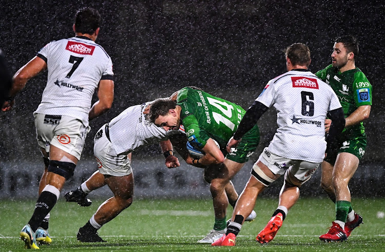 John Porch of Connacht is tackled by Marnus Potgieter of the Sharks during the United Rugby Championship match at The Sportsground in Galway on Saturday evening.