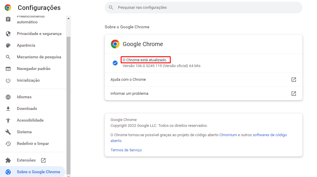 Tela de configurações do Google Chrome com destaque para a mensagem de atualização no navegador