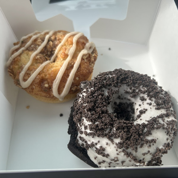 Cookies and cream and cinnamon crumb (?) cake doughnuts