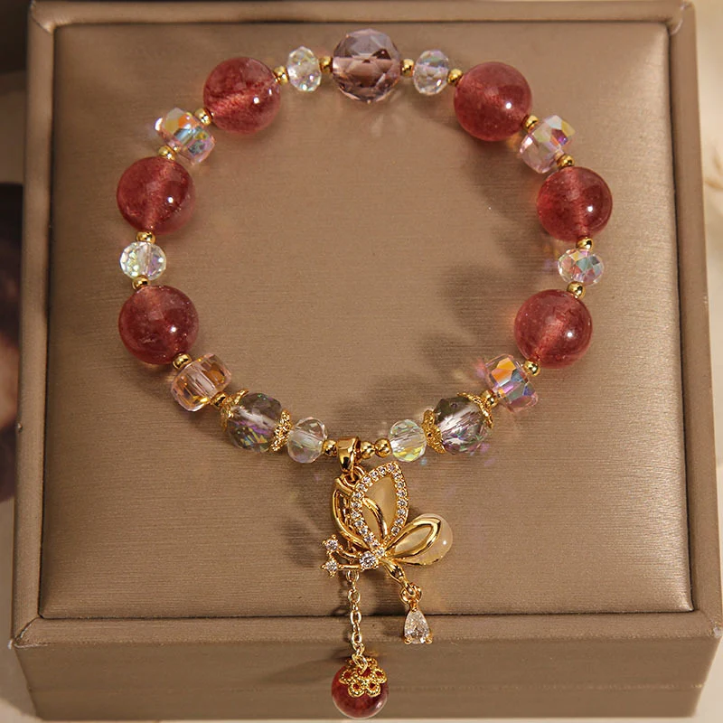Pulseira de Quartzo Morango Natural Feminina Joia Elegante Amor Próprio Proteção Presente Perfeito Pulseira Pedra Natural