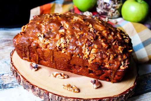 Praline Apple Bread ready to be sliced.