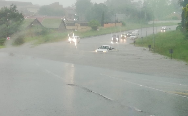 A flooded road in Emalahleni after a morning of heavy rains.