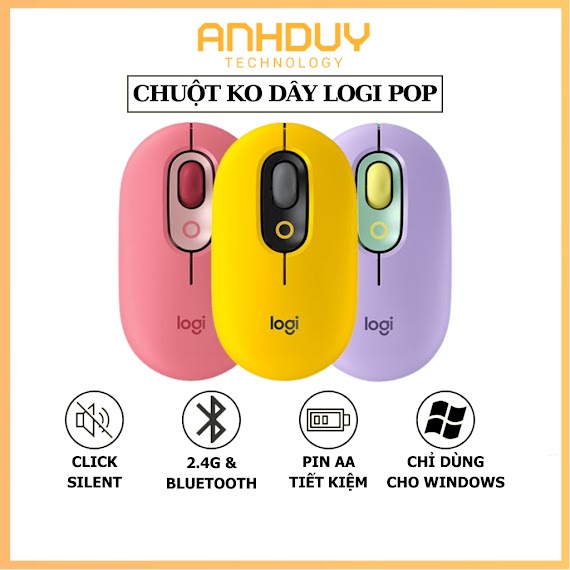 Chuột Không Dây Bluetooth Mini Logitech Pop Oem, Click Silent, Kết Nối Nhiều Thiết Bị, 3 Màu Cá Tính - Bảo Hành 12 Tháng