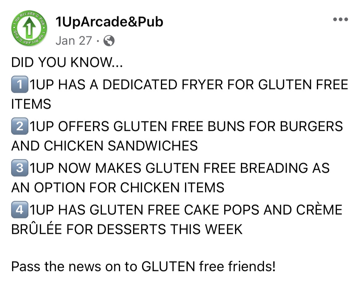 Gluten-Free at 1UP Arcade & Pub