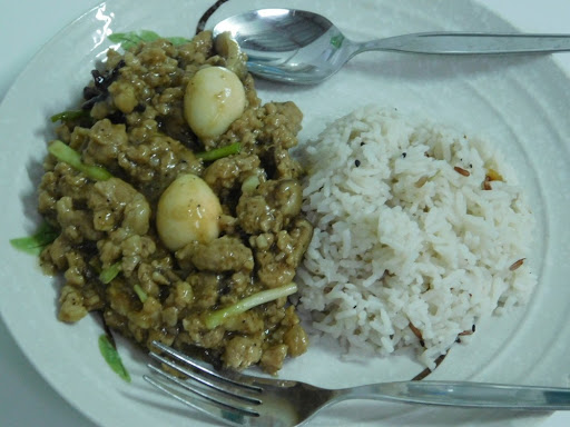 Asadong Pork Giniling with Quail Eggs & Mushrooms.