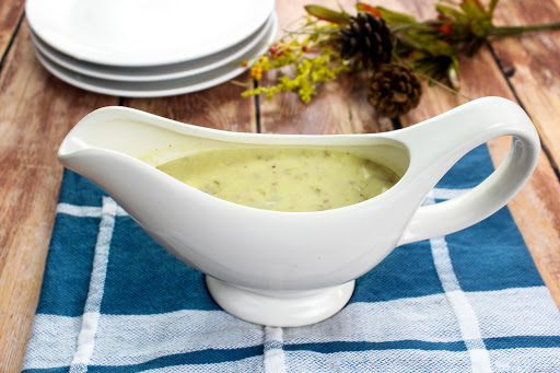 Easy Giblet Gravy in a gravy boat.