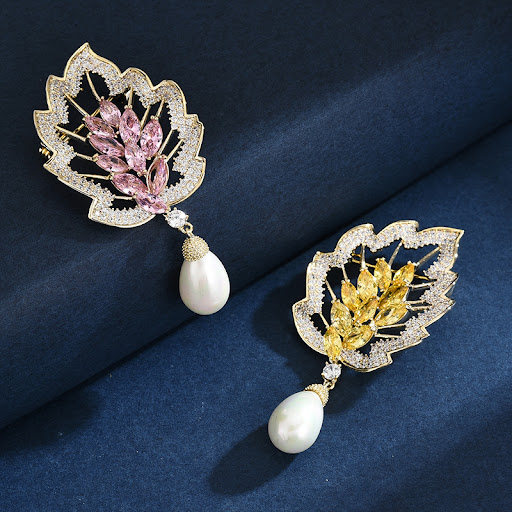 Title 3, Zircon Leaf Pearl Brooch Elegant Corsage Elevat...