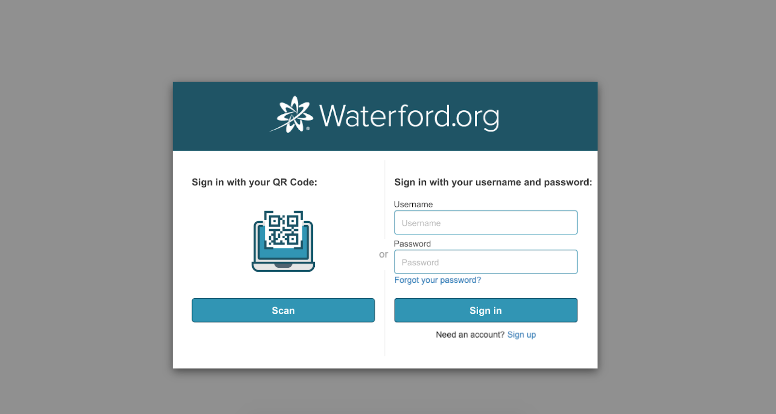 screenshot of the Waterford login page for students