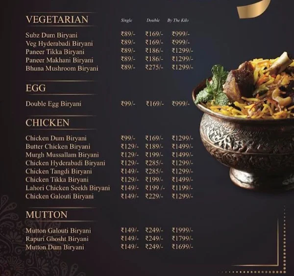 The Bombay Sultaani Biryani House menu 