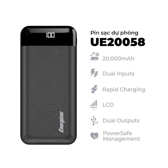 Sạc Dự Phòng Energizer 20000Mah/3.7V Li - Polymer - Ue20058Bk - Hàng Chính Hãng