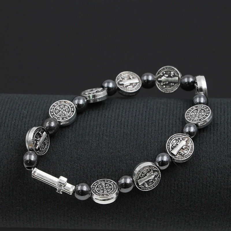 Pulsera Rosario Hematita con Patrón de Personaje Religioso