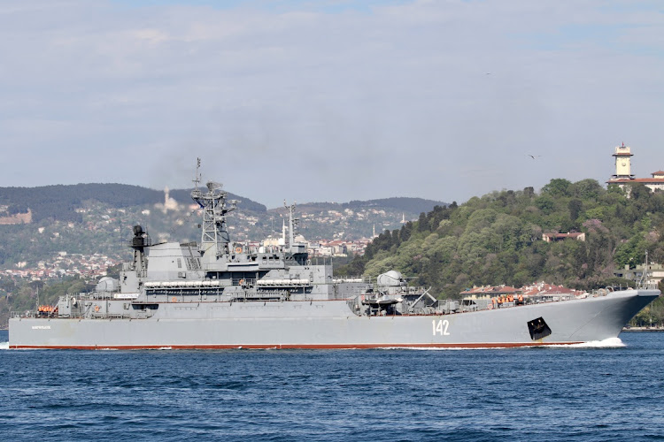 The Russian Navy's large landing ship Novocherkassk in Istanbul, Turkey, on May 5 2021. A Ukrainian attack on the Crimean port of Feodosia damaged the ship and killed one person, Moscow said on Tuesday. File photo.