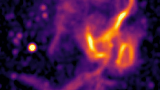 MeerKAT view of a complex network of radio filaments and diffuse structure, spanning more than half a million light-years, related to a galaxy affected by dynamical activity in the nearby galaxy cluster Abell 85. (Image source: SARAO)