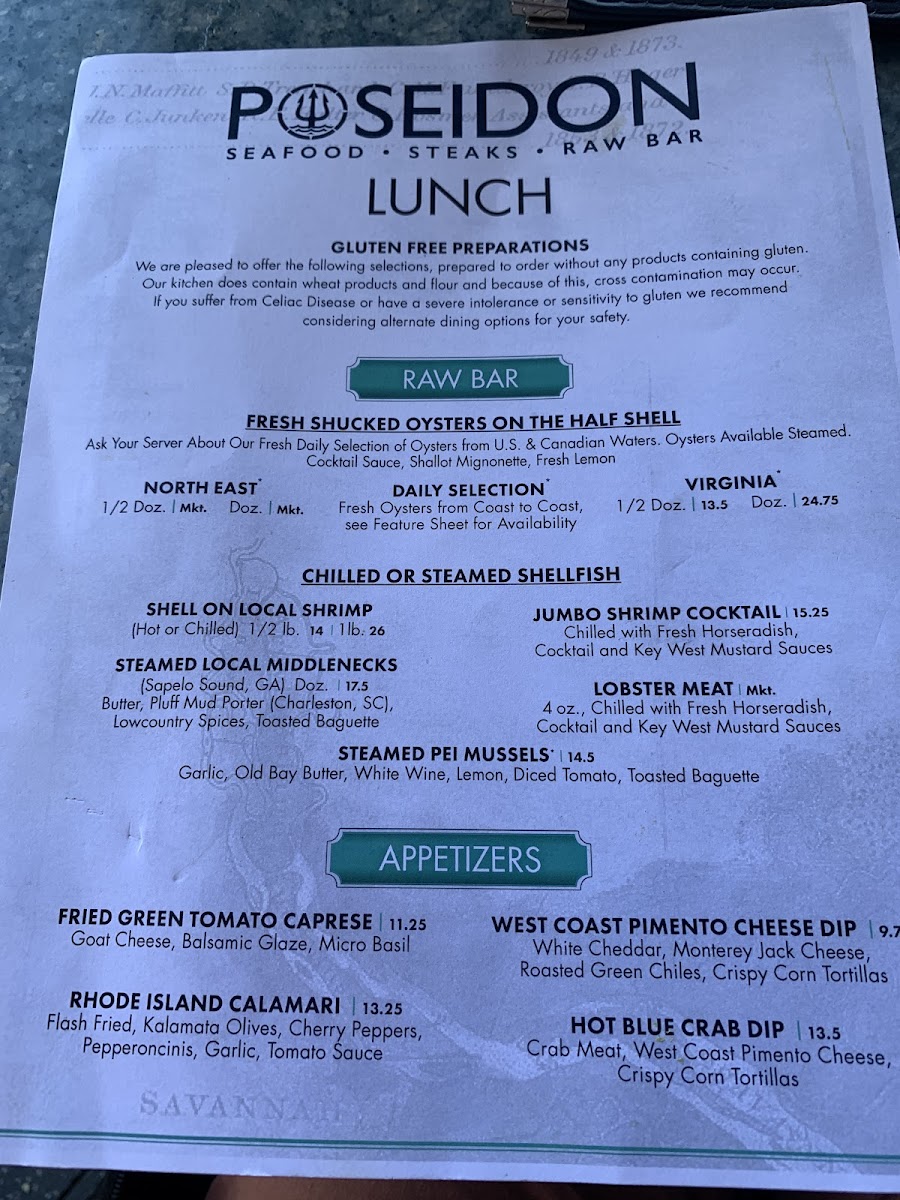 Poseidon gluten-free menu