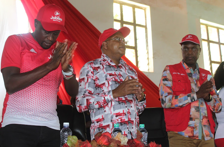 MPs Kanini Kega (Kieni), Gichuki Mugambi (Othaya) and Jeremiah Kioni (Ndaragwa) in Othaya on Monday