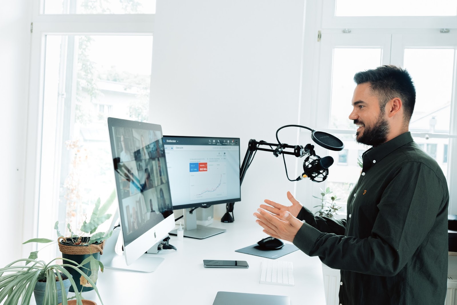 man hosting an online webinar