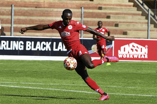 Peter Shalulile of Highlands Park shoots the ball.