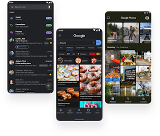 Gmail, Google Search and Google Photos toggling from light to dark UI