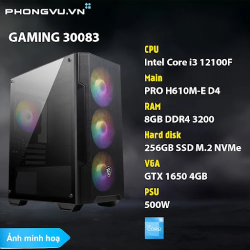 PC Phong Vũ Gaming 30083 Intel Core i3-12100F/8GB/256GB SSD/GeForce GTX 1650/Free DOS/