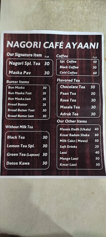 Nagori Cafe Ayaani menu 