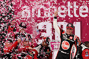 Christopher Bell celebrates in victory lane after winning the NASCAR Cup Series Ambetter 301 at New Hampshire Motor Speedway on July 17 2022 in Loudon.