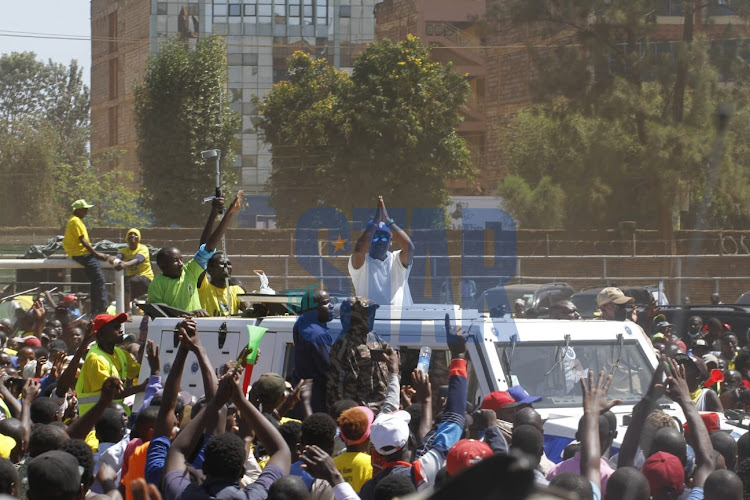 Tujibebe Wakenya Party leader and Former Kiambu Governor William Kabogo arrive at Thika Stadium on March 13, 2022.